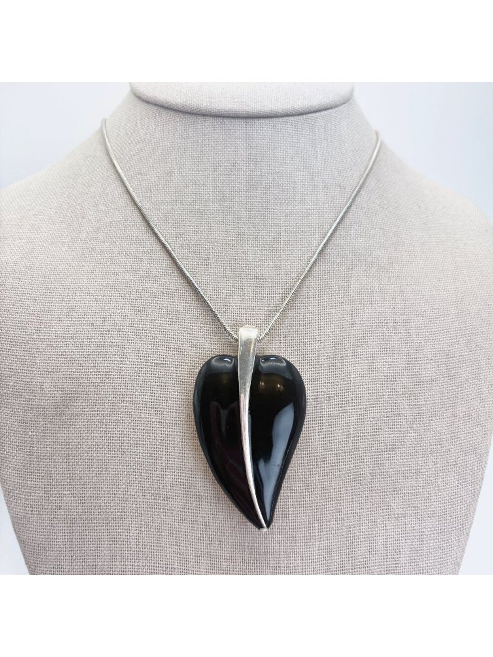 Black Onyx Sterling Silver 925 Heart Pendant Necklace Size 16" Adjustable